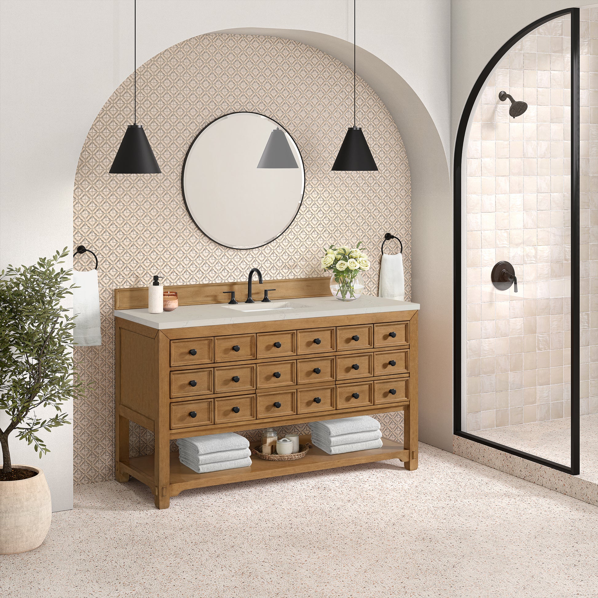 Renovate for Less Atlanta Malibu 60" Single Vanity, Amber Birch, w/ 3 CM Siberian Silestone Top