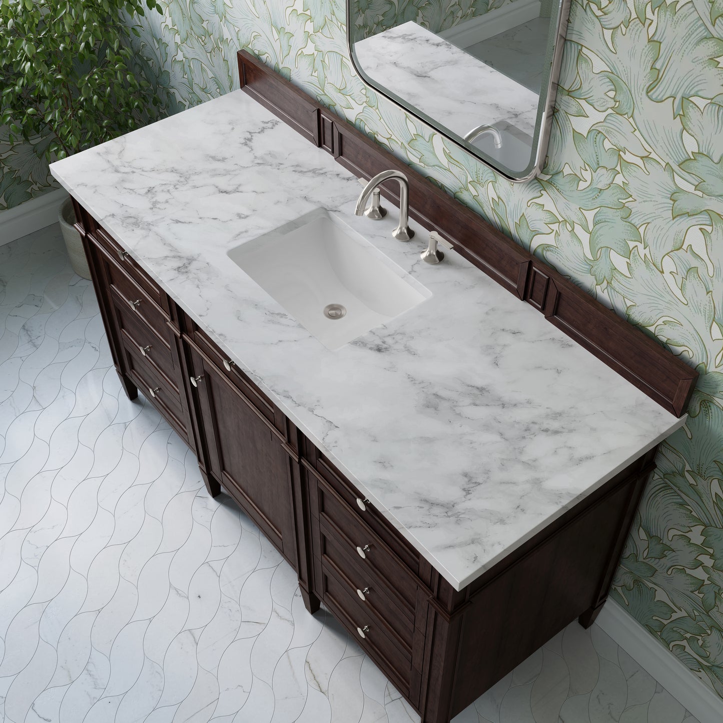 Renovate for Less Atlanta Brittany 60" Single Vanity, Burnished Mahogany w/ 3 CM Carrara Marble Top