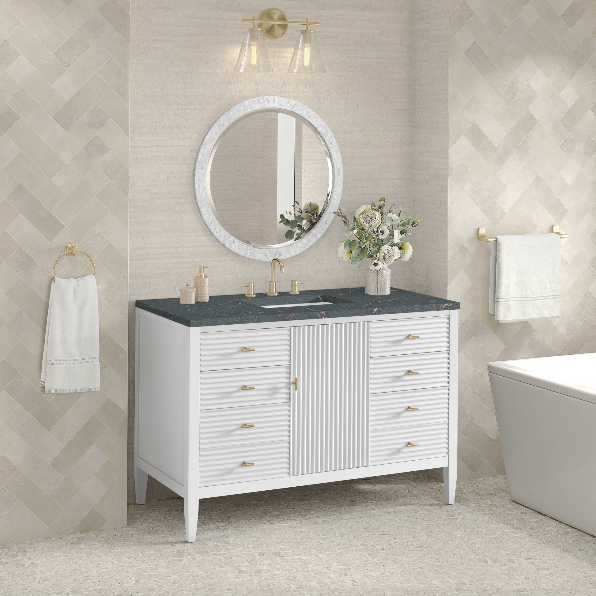 Renovate for Less Atlanta Myrrin 48" Single Vanity, Bright White w/ 3 CM Parisien Bleu Silestone Top w/FreePower Wireless Charger