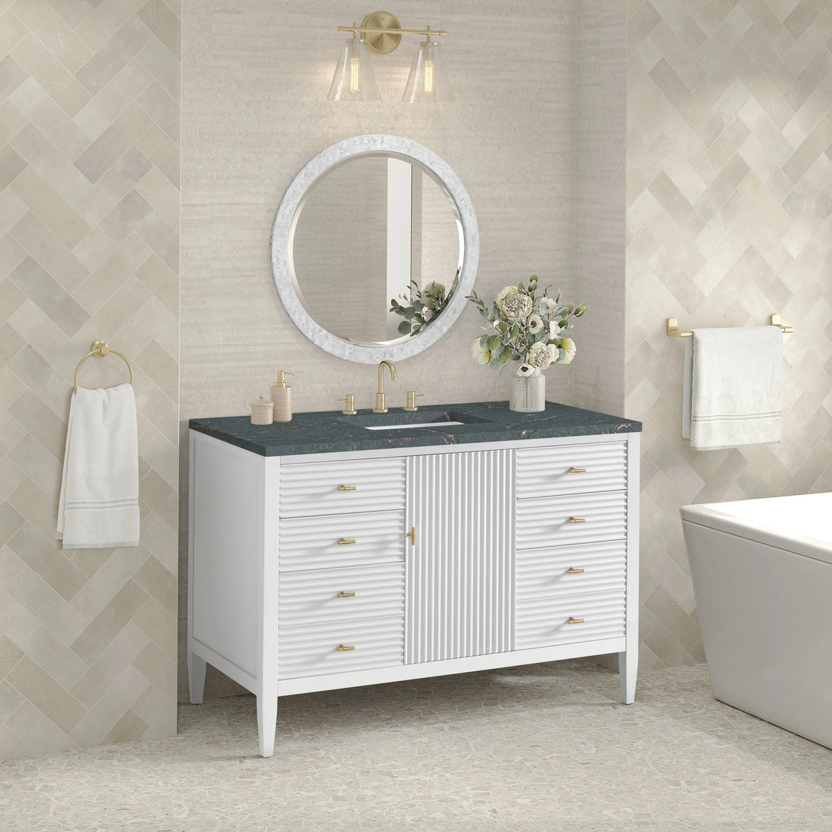 Myrrin 48" Single Vanity, Bright White w/ 3 CM Parisien Bleu Silestone Top w/FreePower Wireless Charger