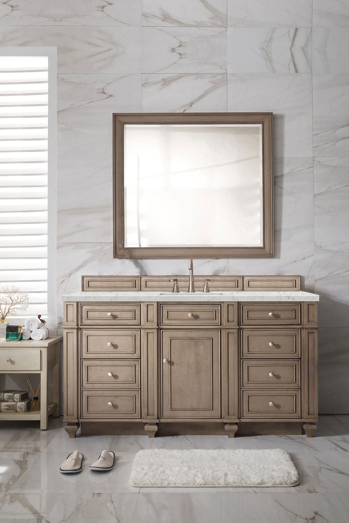 Renovate for Less Atlanta Bristol 60" Single Vanity, Whitewashed Walnut w/ 3 CM Eternal Jasmine Pearl Silestone Top w/FreePower Wireless Charger