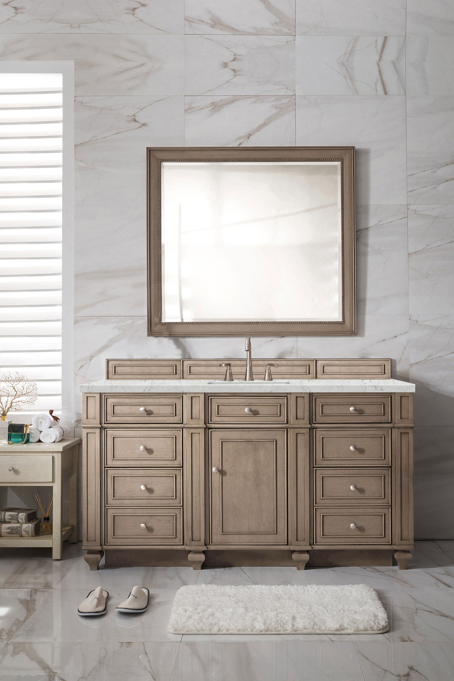 Renovate for Less Atlanta Bristol 60" Single Vanity, Whitewashed Walnut w/ 3 CM Eternal Jasmine Pearl Silestone Top w/FreePower Wireless Charger