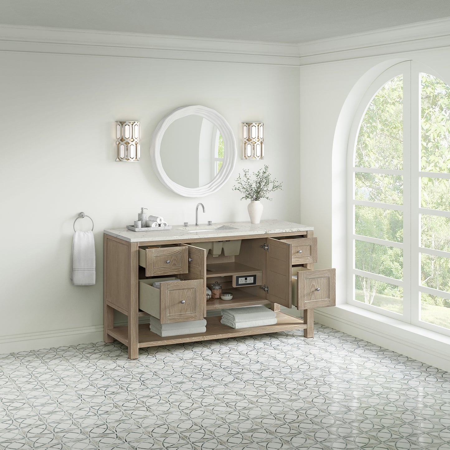 Renovate for Less Atlanta Breckenridge 60" Single Vanity, Whitewashed Oak, w/ 3 CM Victorian Silver Silestone Top w/ FreePower Wireless Charger
