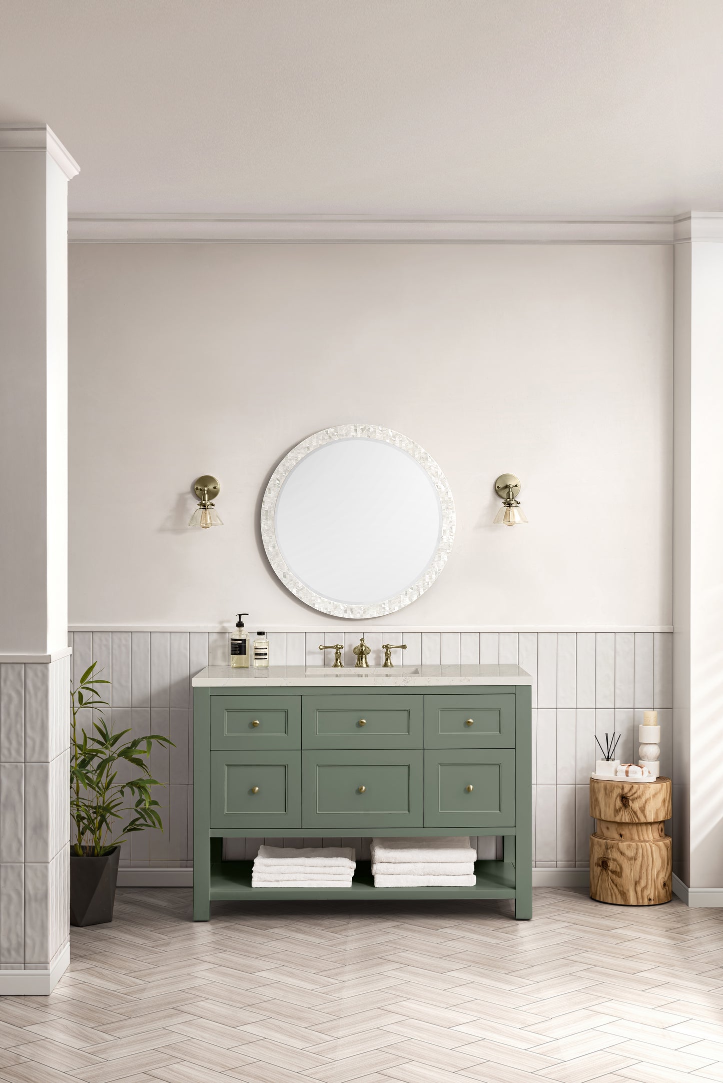 Renovate for Less Atlanta Breckenridge 48" Single Vanity, Smokey Celadon, w/ 3 CM Siberian Silestone Top w/FreePower Wireless Charger