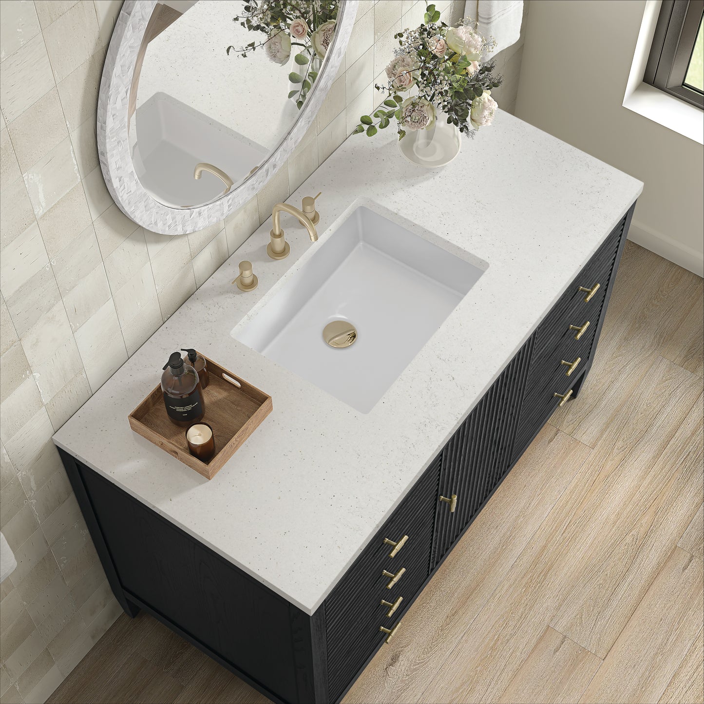 Renovate for Less Atlanta Myrrin 48" Single Vanity, Carbon Oak w/ 3 CM Lime Delight Silestone Top