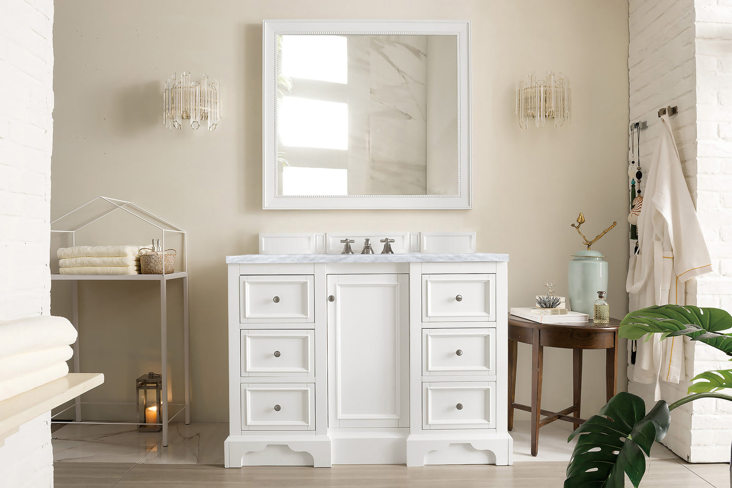 Renovate for Less Atlanta De Soto 48" Single Vanity, Bright White w/ 3 CM Carrara Marble Top