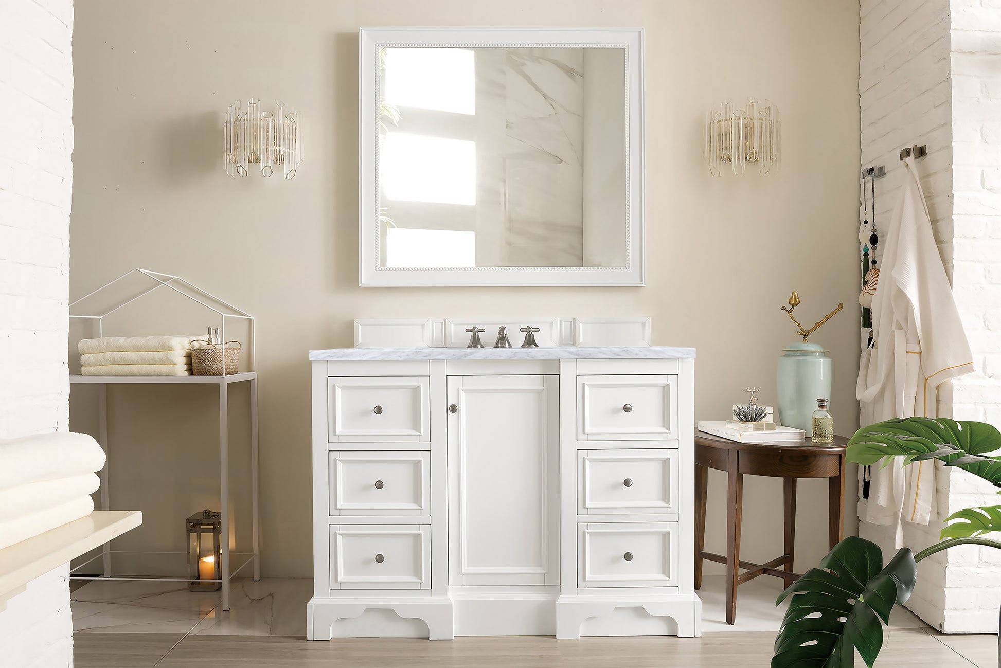 Renovate for Less Atlanta De Soto 48" Single Vanity, Bright White w/ 3 CM Carrara Marble Top