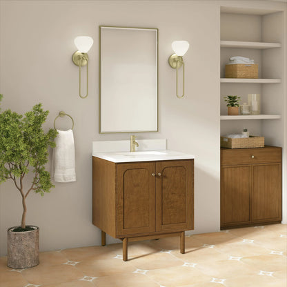 Laurent 30" Single Vanity, Honey Oak w/ Single Hole 3 CM White Zeus Silestone Top and Matching Backsplash