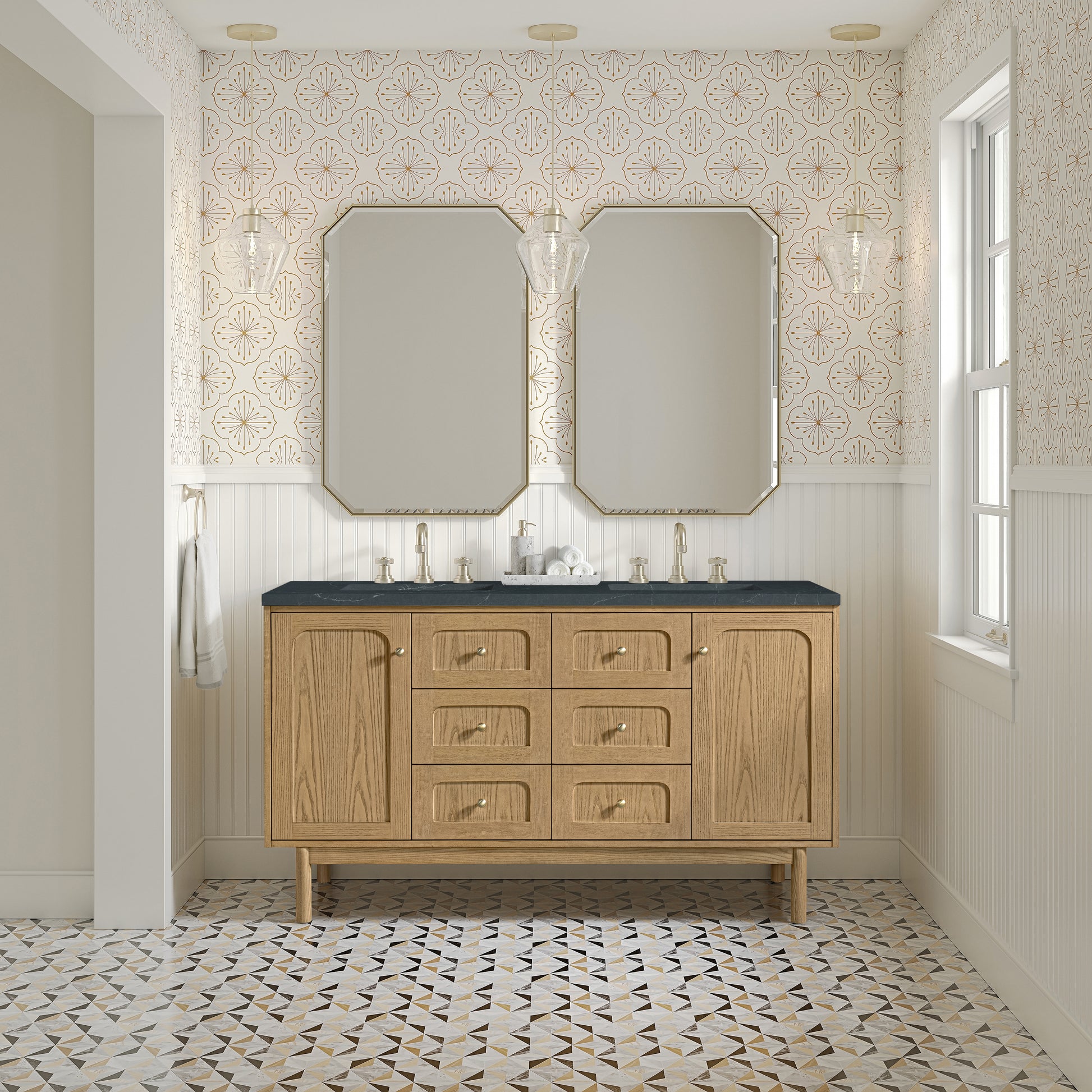 Renovate for Less Atlanta Laurent 60" Double Vanity, Light Natural Oak, w/ 3 CM Charcoal Soapstone Quartz Top