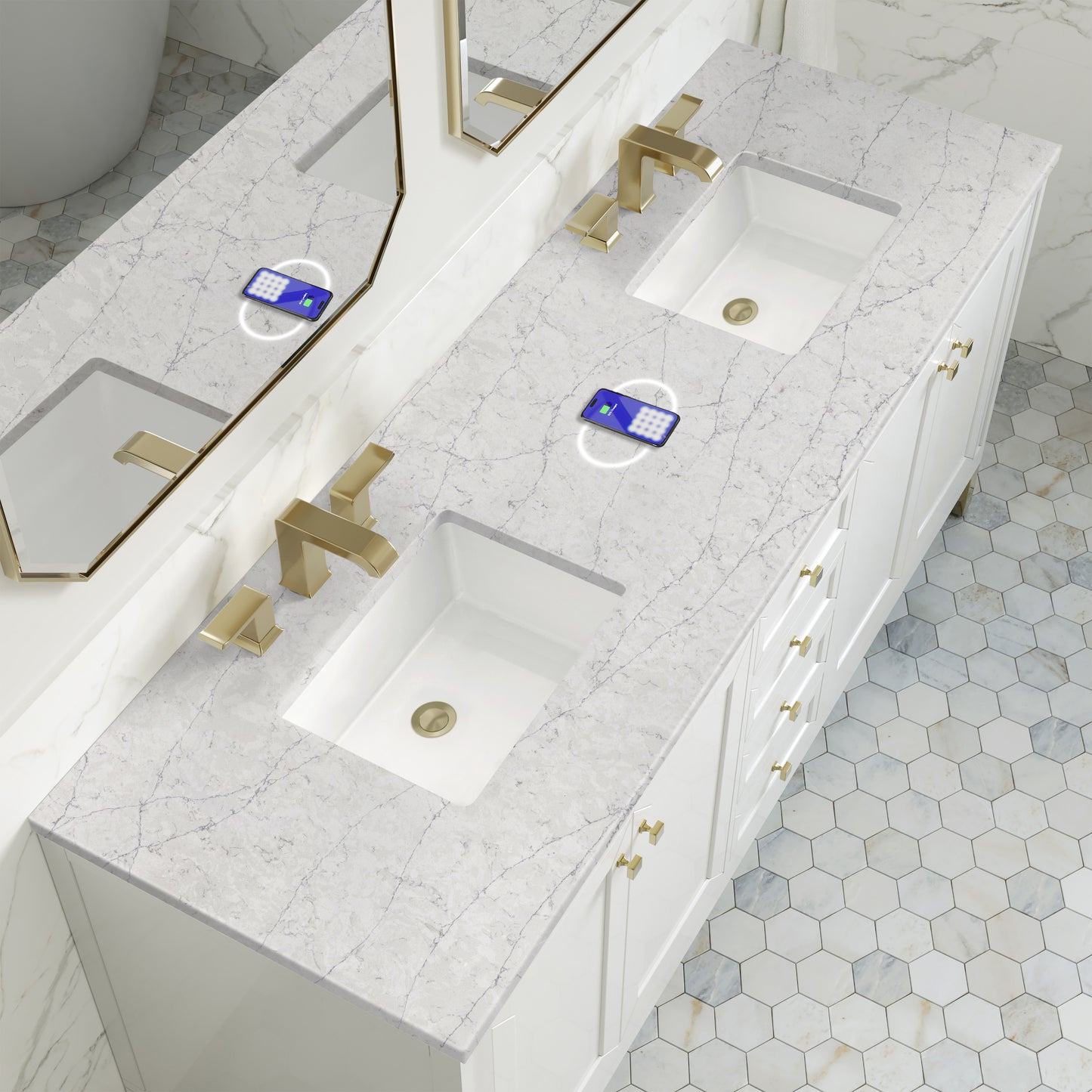 Renovate for Less Atlanta Chicago 72" Double Vanity, Glossy White, w/ 3 CM Eternal Jasmine Pearl Silestone Top w/ FreePower Wireless Charger