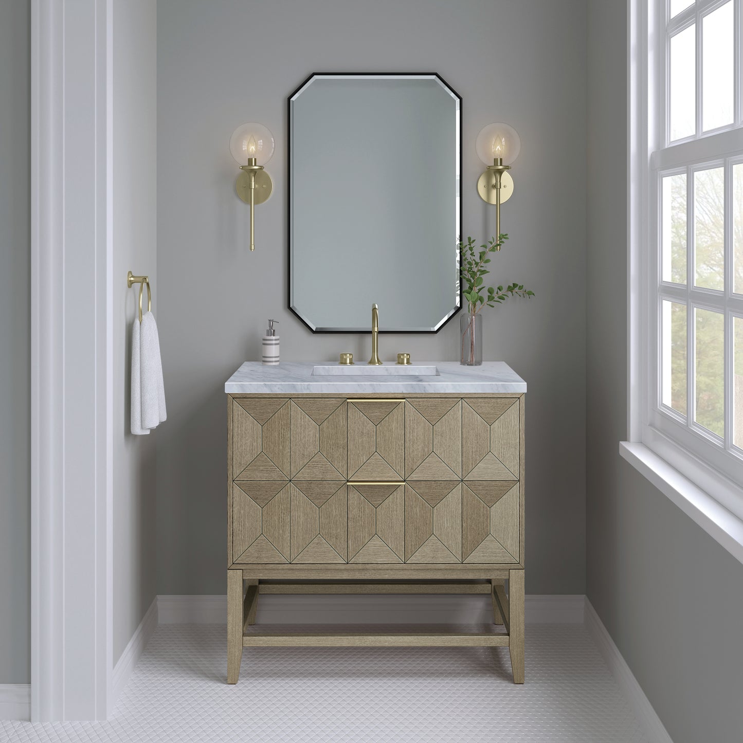 Renovate for Less Atlanta Emmeline 36" Single Vanity, Pebble Oak w/ 3 CM Carrara Marble Top