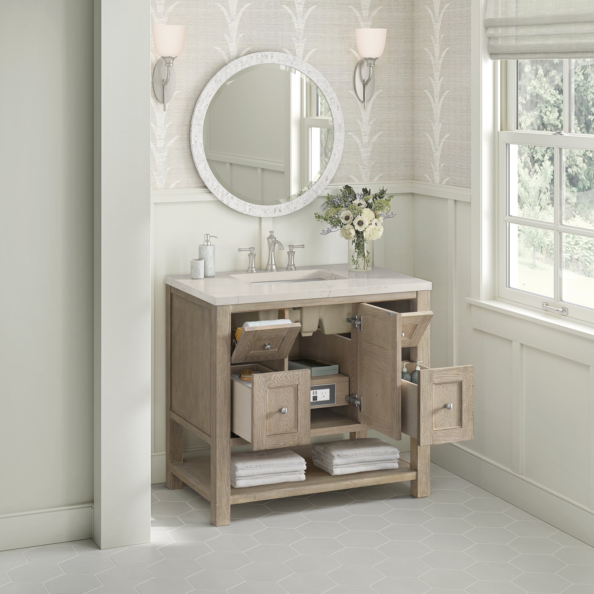 Renovate for Less Atlanta Breckenridge 36" Single Vanity, Whitewashed Oak, w/ 3 CM Siberian Silestone Top