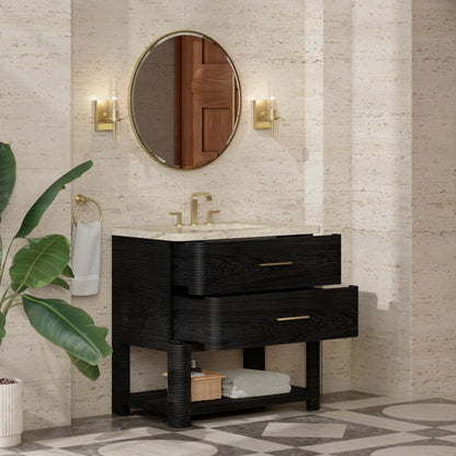 Renovate for Less Atlanta Lucian 36" Single Vanity, Carbon Oak, w/ 3 CM Tajnar Eclos Widespread Top