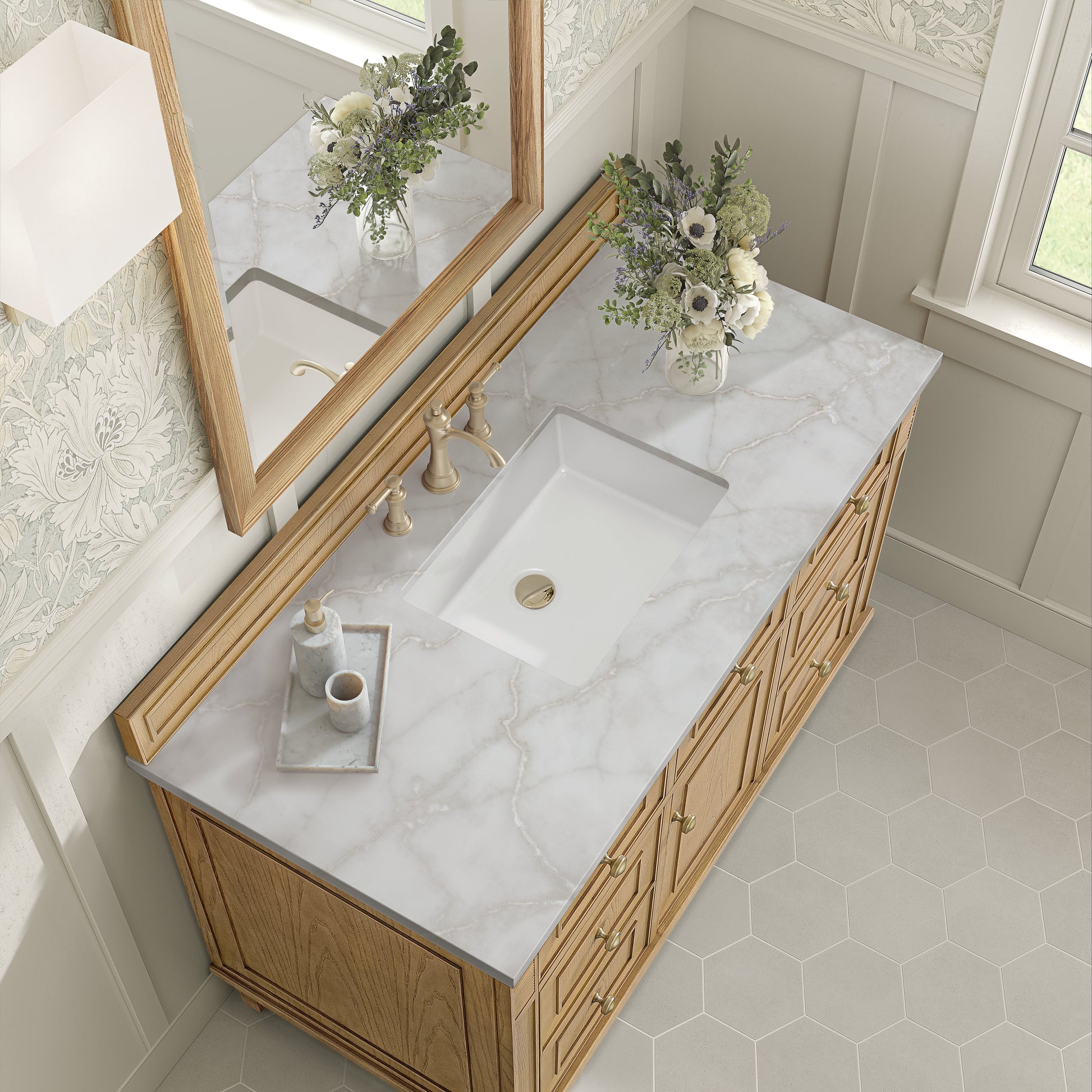 Renovate for Less Atlanta Lorelai 48" Single Vanity, Light Natural Oak w/ 3 CM Victorian Silver Silestone Top