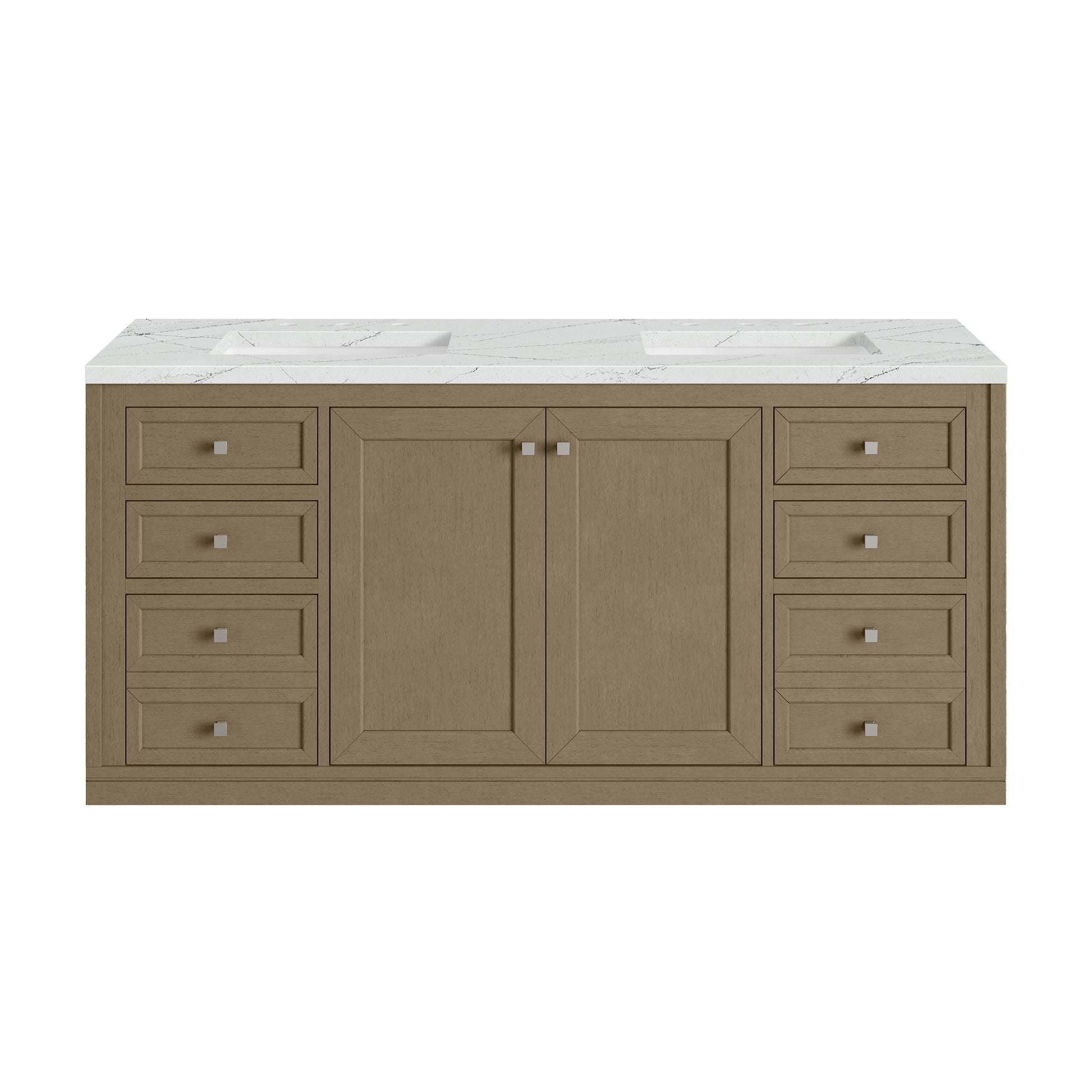 Renovate for Less Atlanta Chicago 60" Double Vanity, Walnut Whisper, w/ 3 CM Ethereal Noctis Silestone® Top w/FreePower Wireless Charger