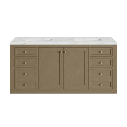 Renovate for Less Atlanta Chicago 60" Double Vanity, Walnut Whisper, w/ 3 CM Ethereal Noctis Silestone® Top w/FreePower Wireless Charger