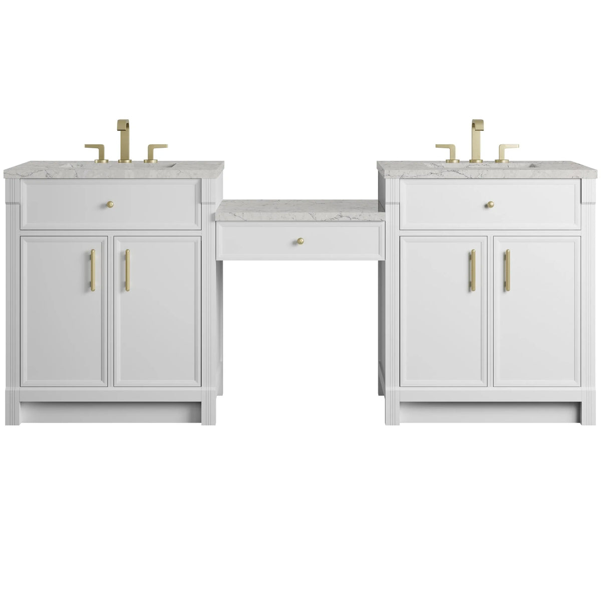 Bellshire 84" Dual Vanity Set with 24" Make-Up Counter, Bright White w/3 cm Eternal Jasmine Pearl Silestone Top
