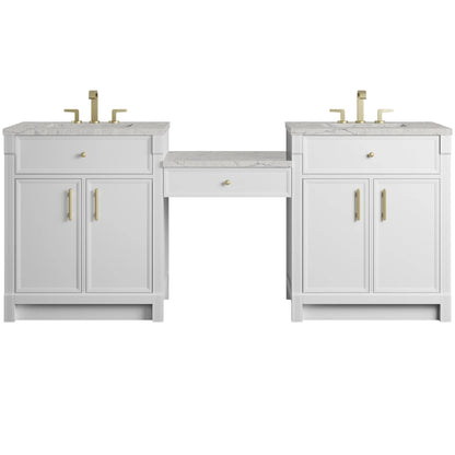 Bellshire 84" Dual Vanity Set with 24" Make-Up Counter, Bright White w/3 cm Eternal Jasmine Pearl Silestone Top