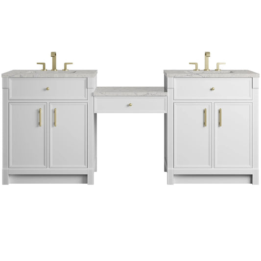 Bellshire 84" Dual Vanity Set with 24" Make-Up Counter, Bright White w/3 cm Eternal Jasmine Pearl Silestone Top