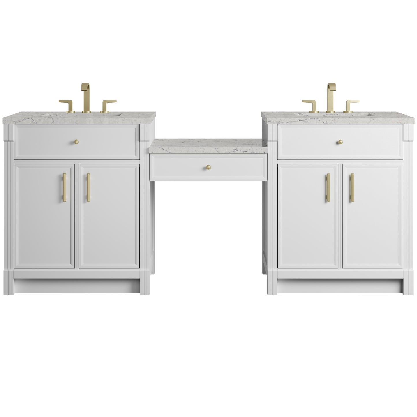Renovate for Less Atlanta Bellshire 84" Dual Vanity Set with 24" Make-Up Counter, Bright White w/3 cm Eternal Jasmine Pearl Silestone Top