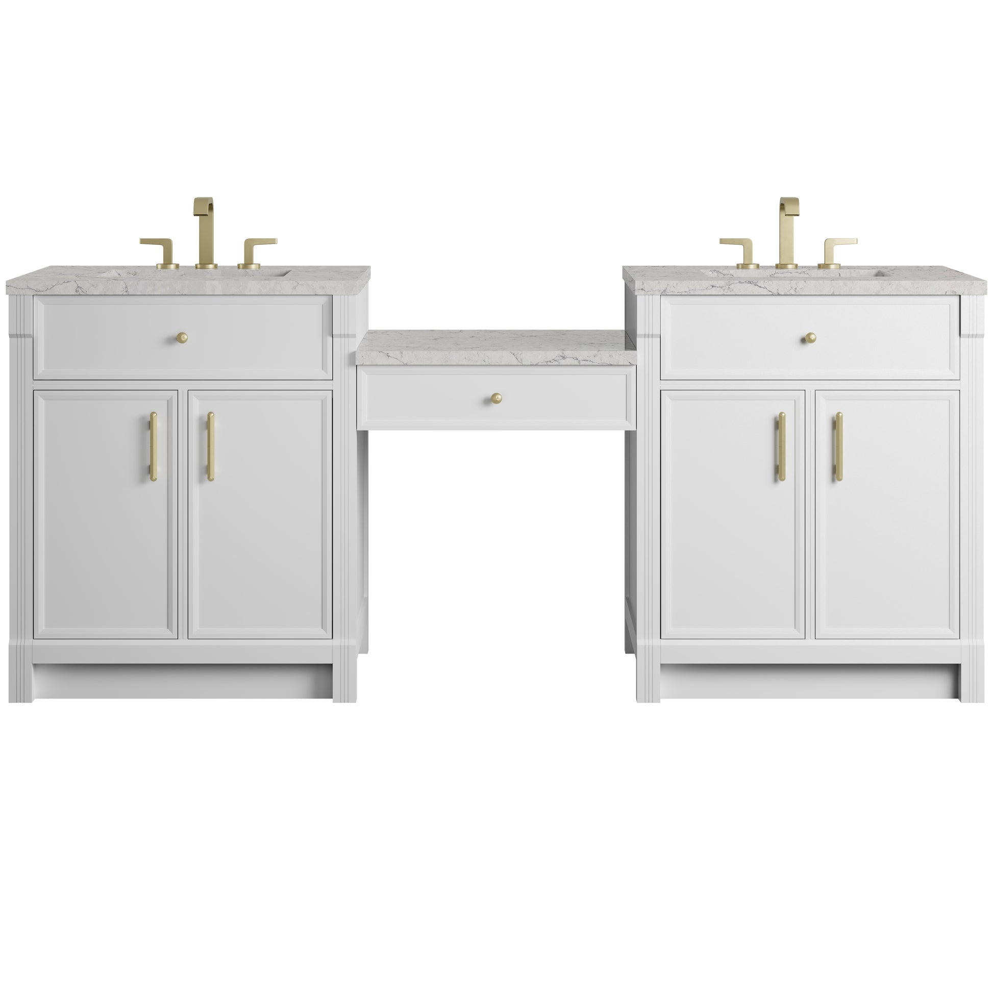 Renovate for Less Atlanta Bellshire 84" Dual Vanity Set with 24" Make-Up Counter, Bright White w/3 cm Eternal Jasmine Pearl Silestone Top