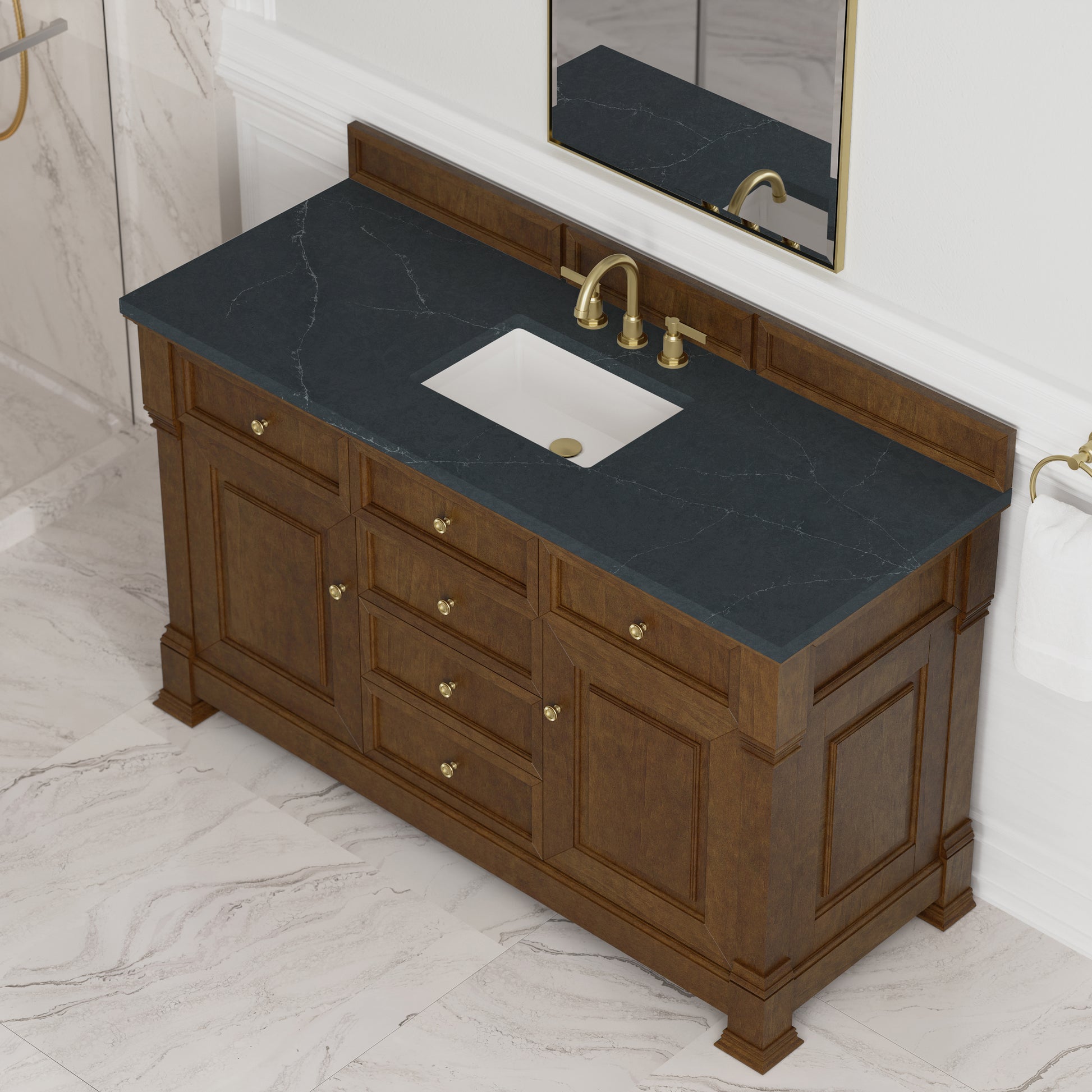 Renovate for Less Atlanta Brookfield 60" Single Vanity, Honey Oak w/3 CM Charcoal Soapstone Silestone Top