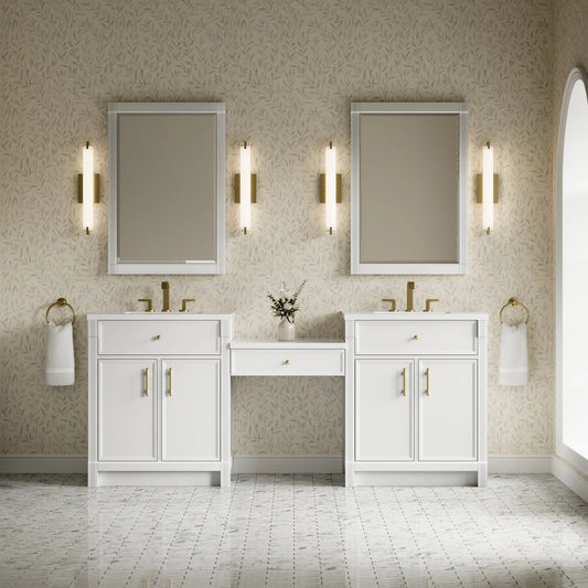 Bellshire 84" Dual Vanity Set with 24" Make-Up Counter, Bright White w/3 cm White Zeus Silestone Top