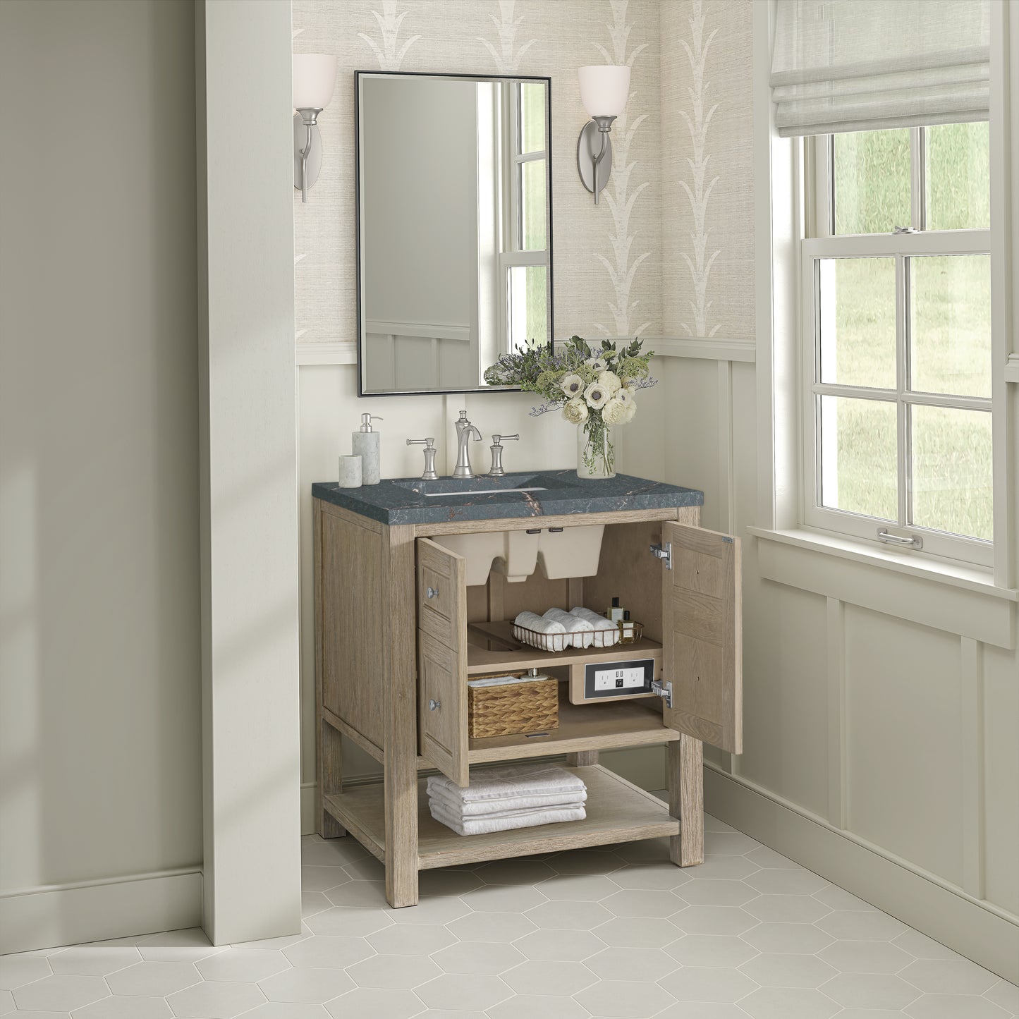 Renovate for Less Atlanta Breckenridge 30" Single Vanity, Whitewashed Oak w/ 3 CM Parisien Bleu Silestone Top