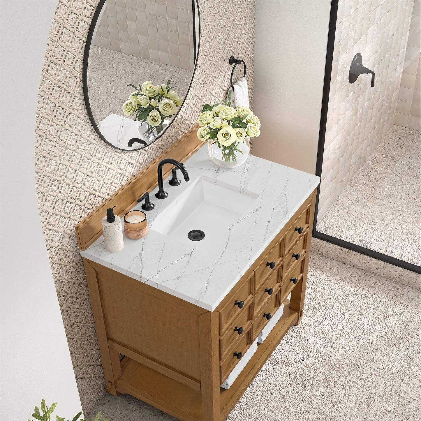 Renovate for Less Atlanta Malibu 36" Single Vanity, Amber Birch w/ 3 CM Ethereal Noctis Top