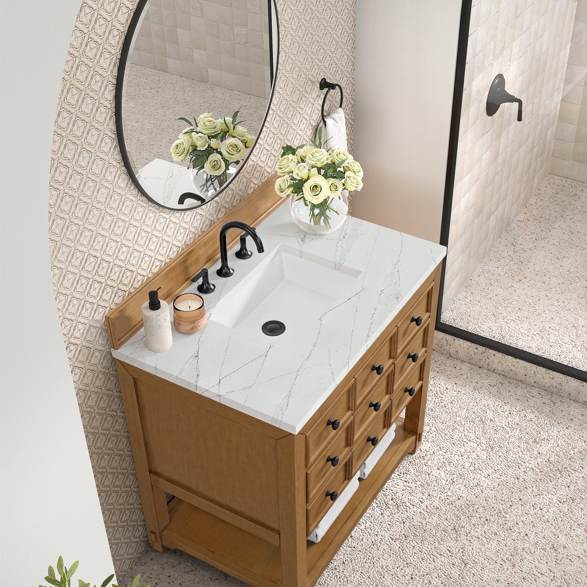 Renovate for Less Atlanta Malibu 36" Single Vanity, Amber Birch w/ 3 CM Ethereal Noctis Top