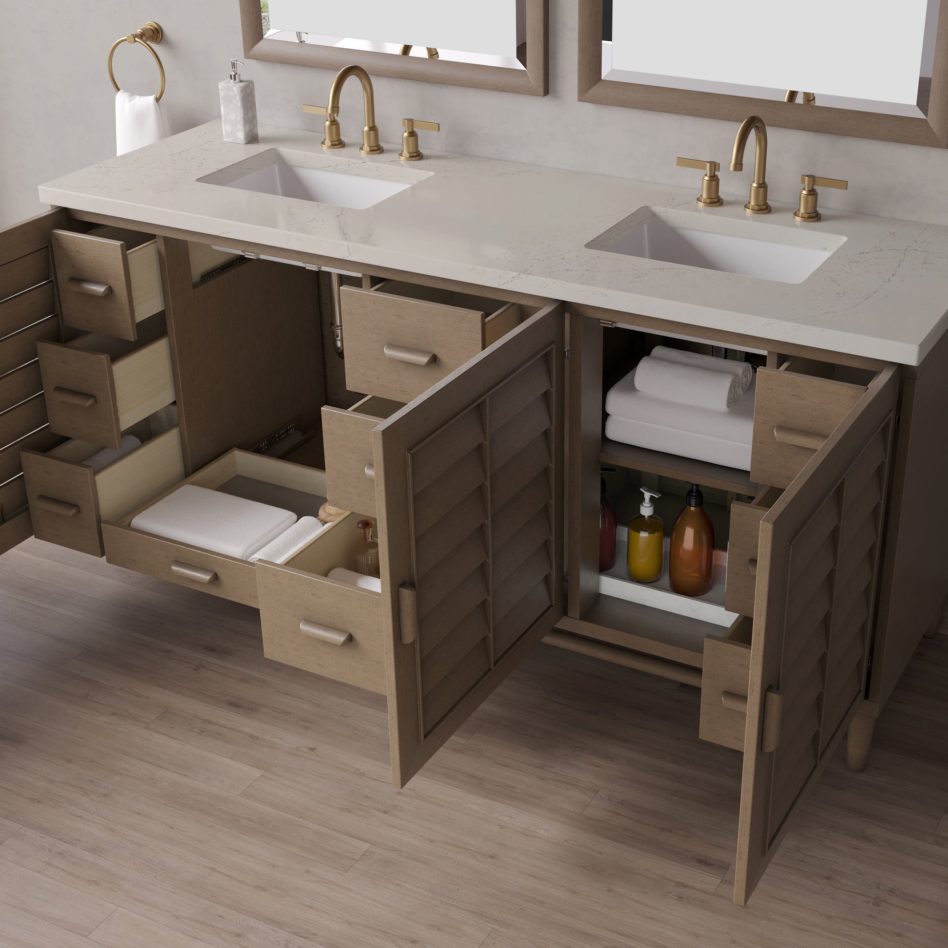 Renovate for Less Atlanta Portland 72" Double Vanity, Whitewashed Walnut, w/ 3 CM Siberian Silestone Top w/FreePower Wireless Charger