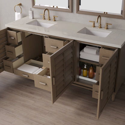 Renovate for Less Atlanta Portland 72" Double Vanity, Whitewashed Walnut, w/ 3 CM Siberian Silestone Top w/FreePower Wireless Charger