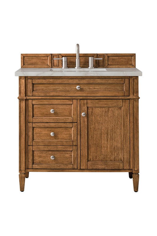 Brittany 36" Single Vanity, Saddle Brown w/ 3 CM Victorian Silver Silestone Top
