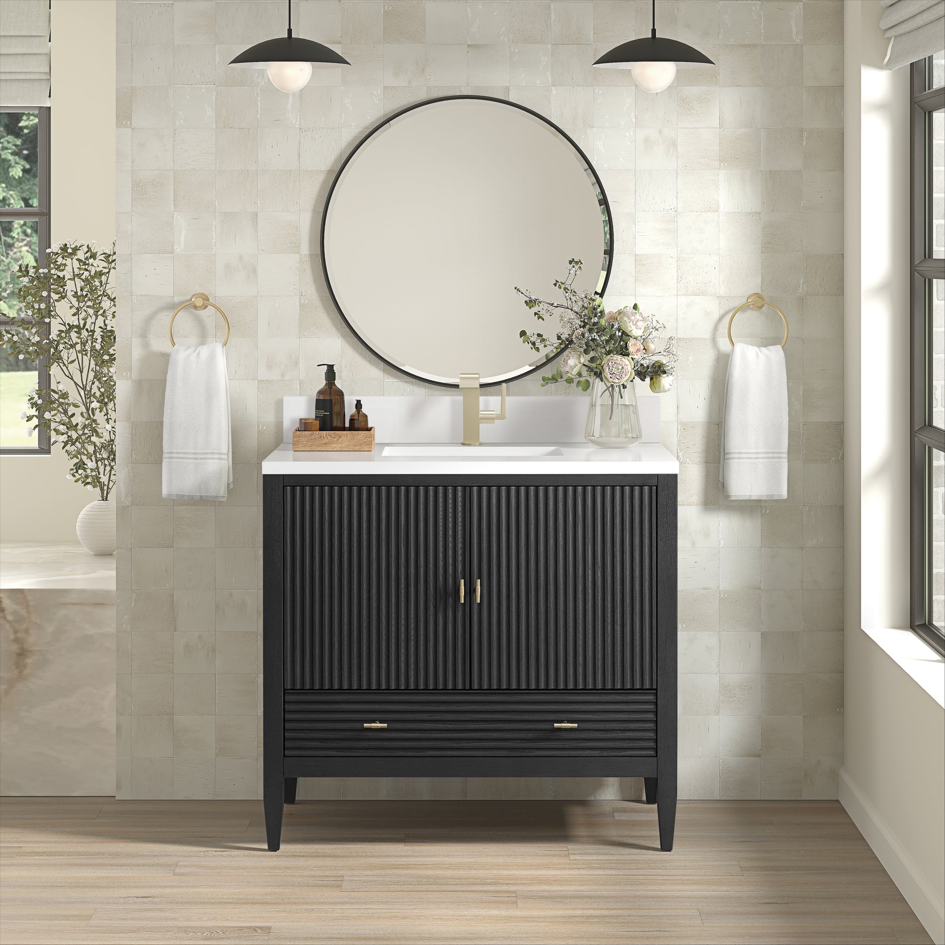 Renovate for Less Atlanta Myrrin 36" Vanity, Carbon Oak w/ Single Hole 3 CM White Zeus Silestone Top & Backsplash