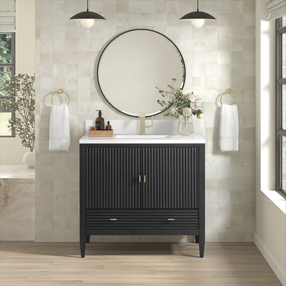 Renovate for Less Atlanta Myrrin 36" Vanity, Carbon Oak w/ Single Hole 3 CM White Zeus Silestone Top & Backsplash