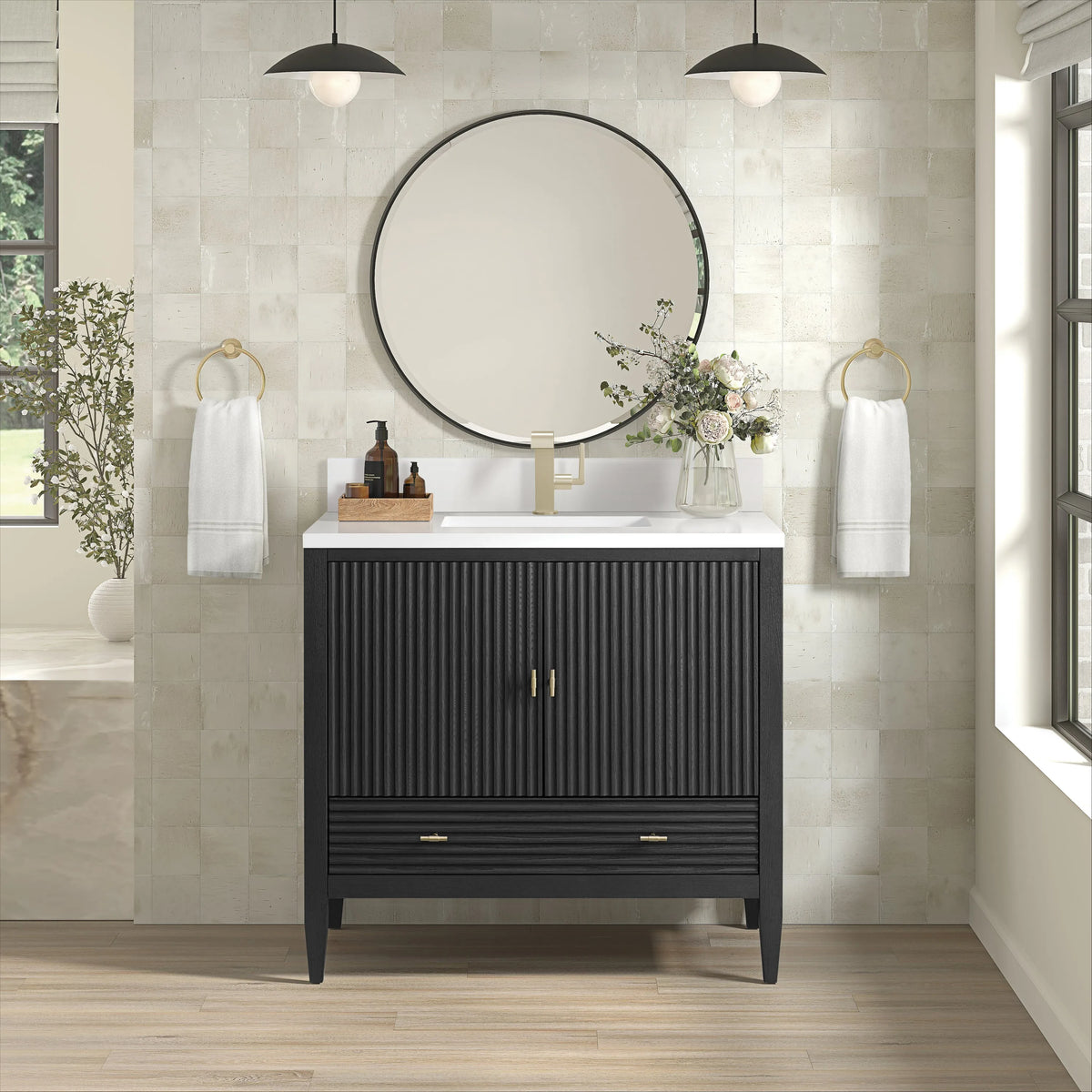 Myrrin 36" Vanity, Carbon Oak w/ Single Hole 3 CM White Zeus Silestone Top & Backsplash