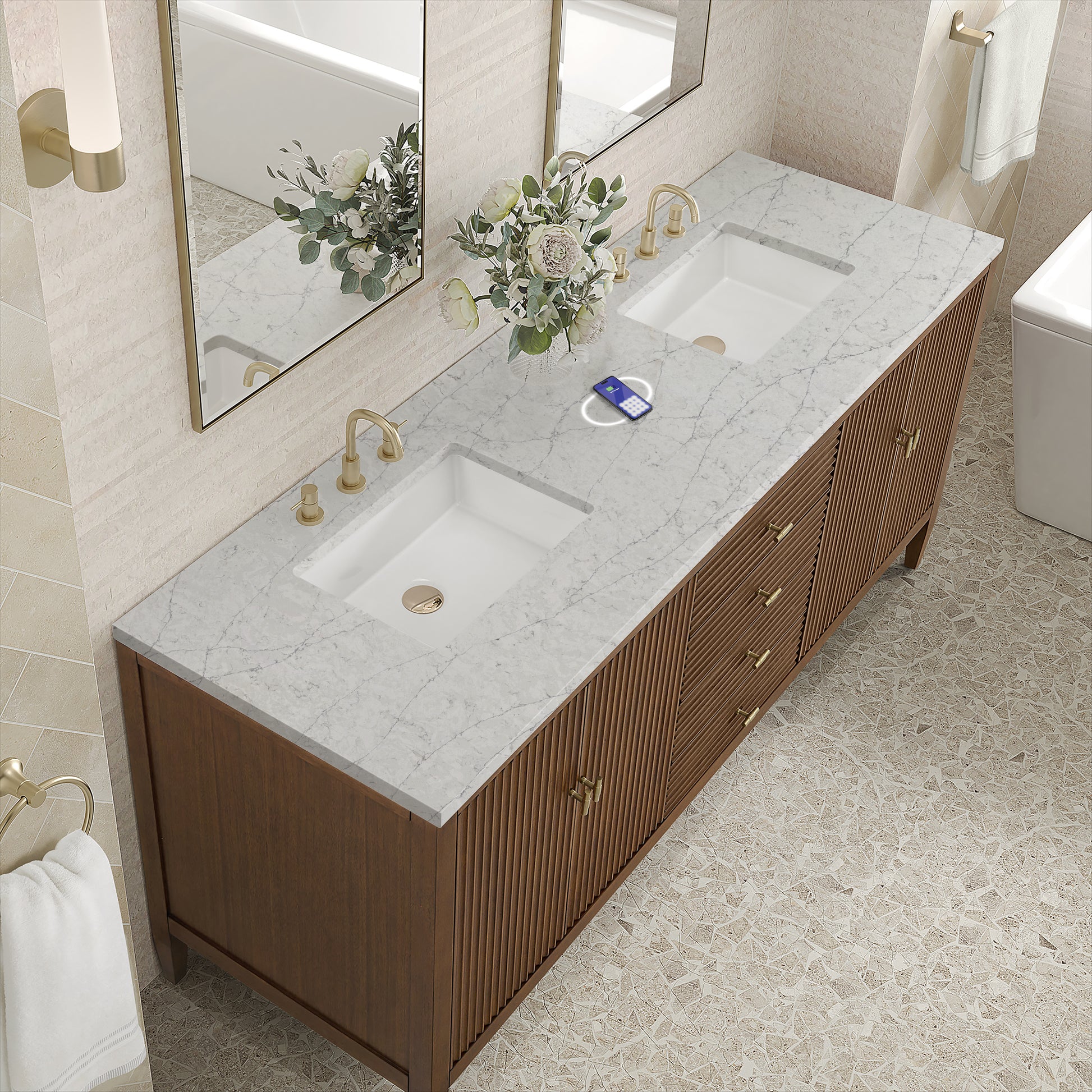 Renovate for Less Atlanta Myrrin 72" Double Vanity, Mid Century Walnut w/ 3 CM Eternal Jasmine Pearl Silestone Top w/FreePower Wireless Charger