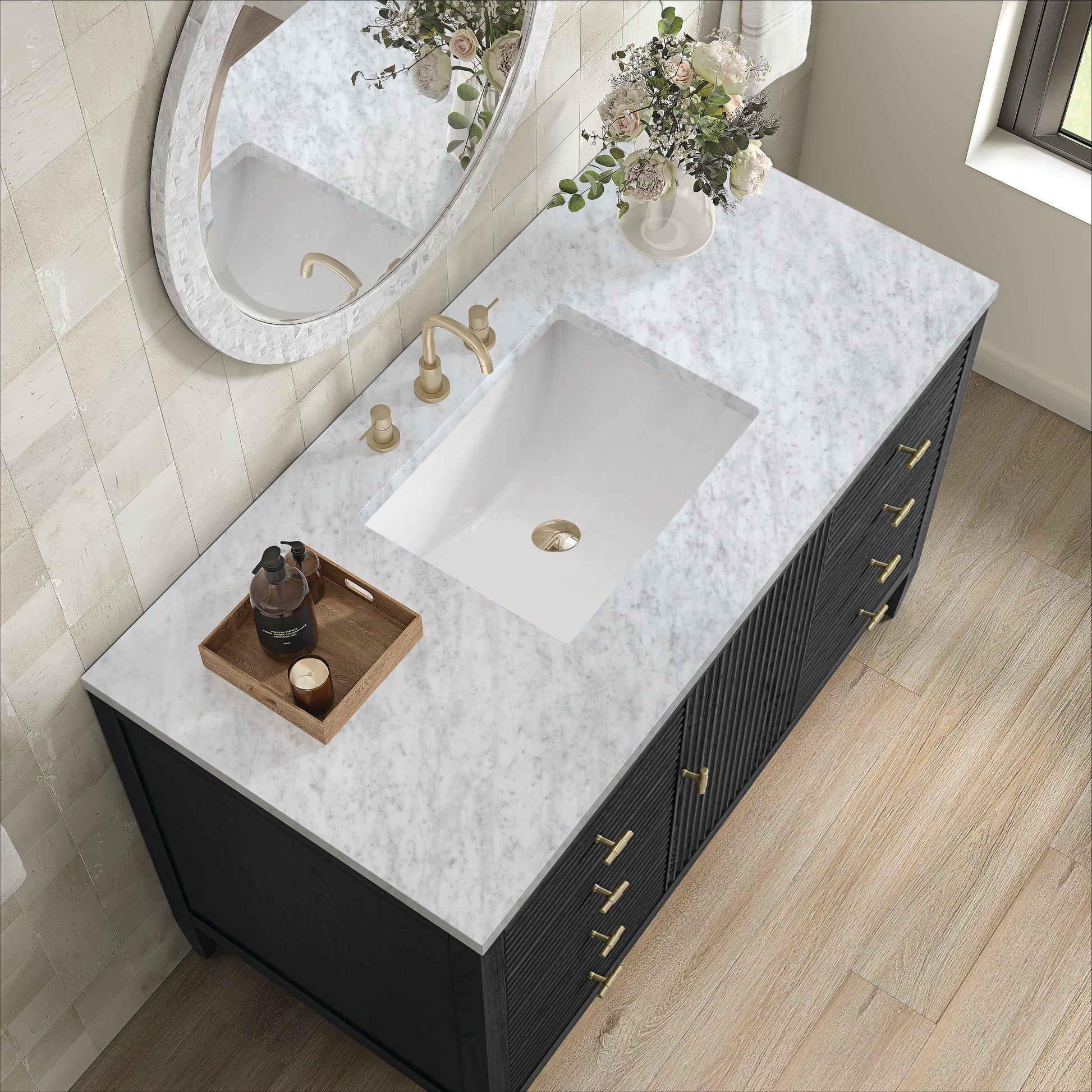 Renovate for Less Atlanta Myrrin 48" Single Vanity, Carbon Oak w/ 3 CM Carrara White Marble Top
