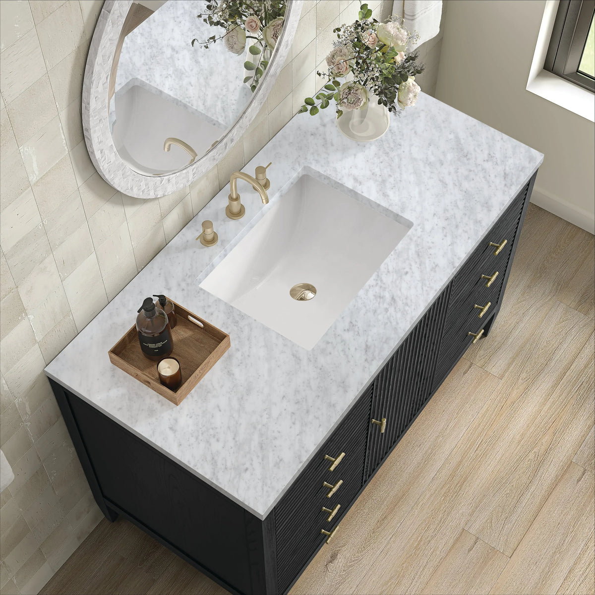 Myrrin 48" Single Vanity, Carbon Oak w/ 3 CM Carrara White Marble Top