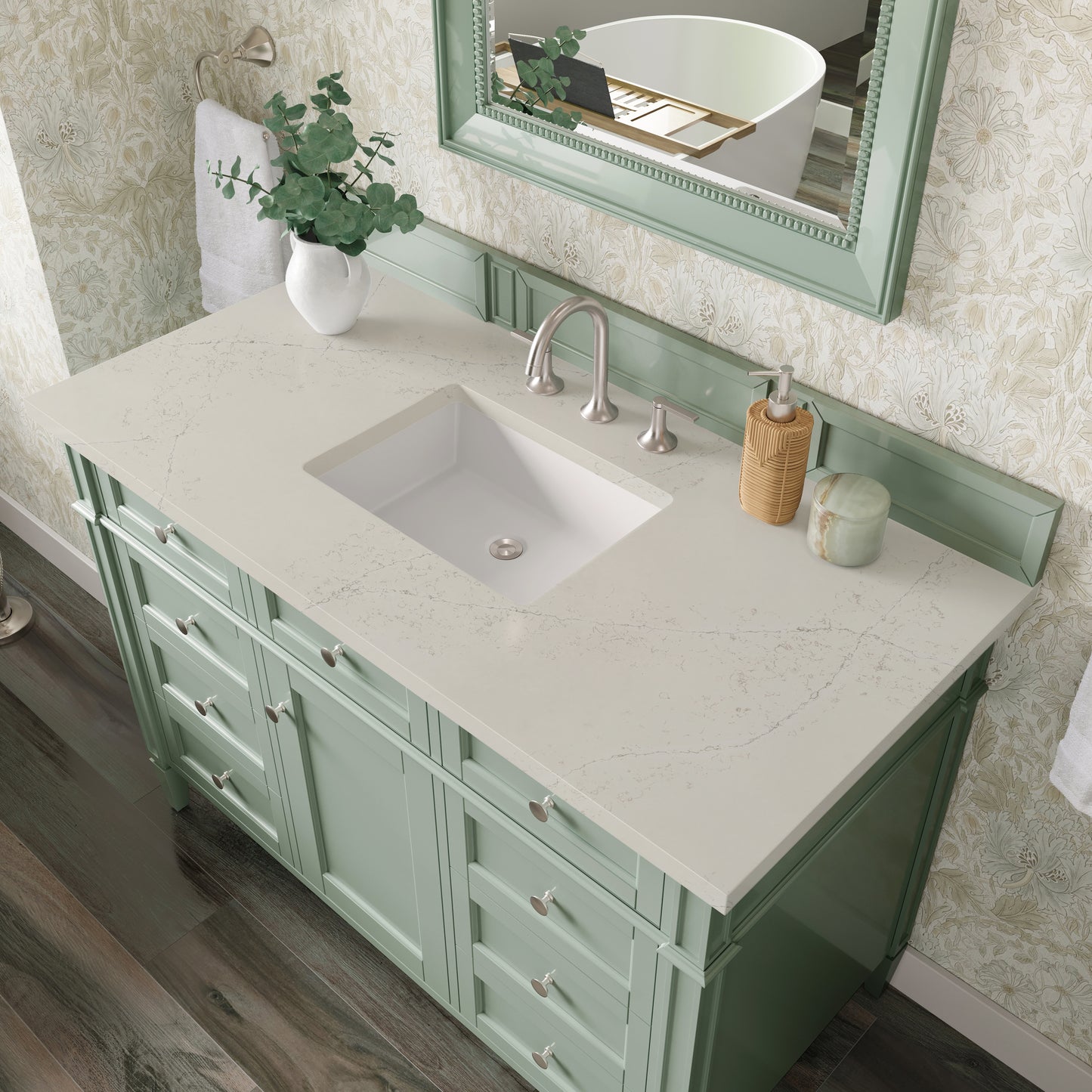 Renovate for Less Atlanta Brittany 48" Single Vanity, Sage Green, w/ 3 CM Siberian Silestone Top