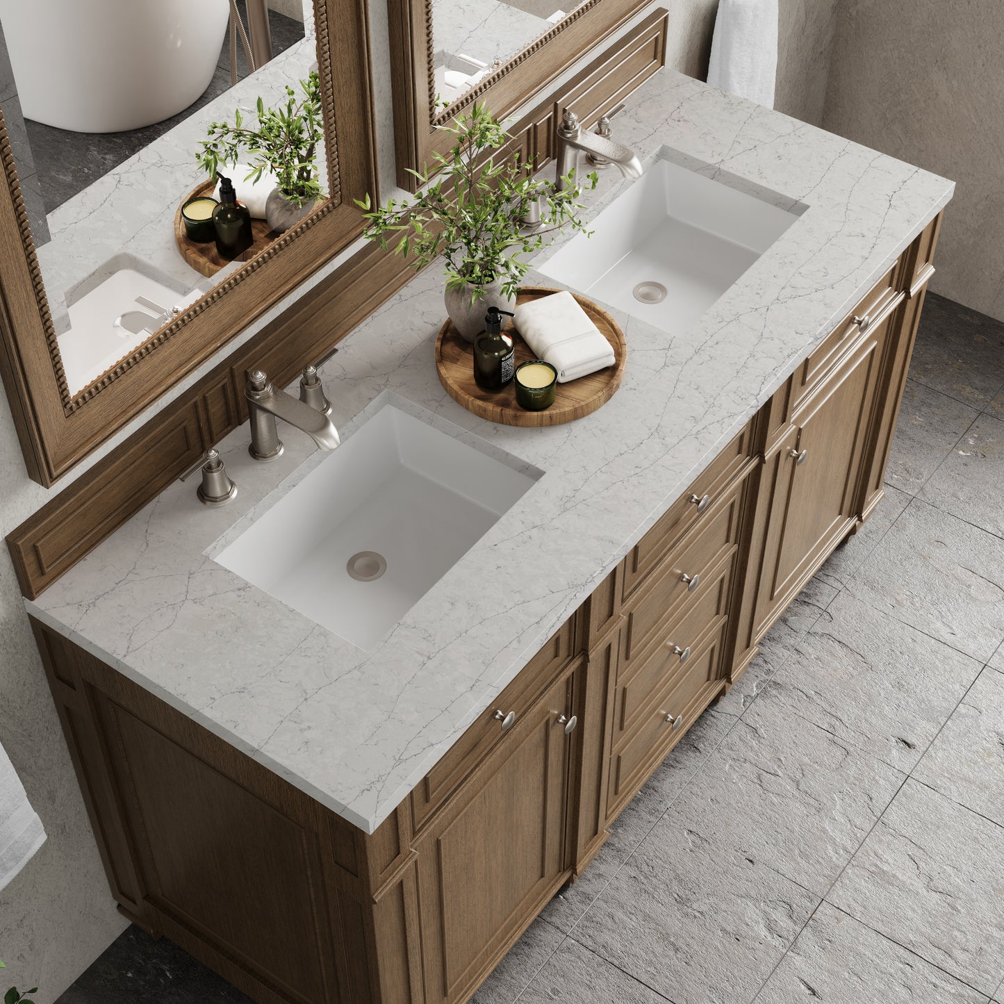 Renovate for Less Atlanta Bristol 60" Double Vanity, Saddle Brown w/ 3 CM Eternal Jasmine Pearl Silestone Top