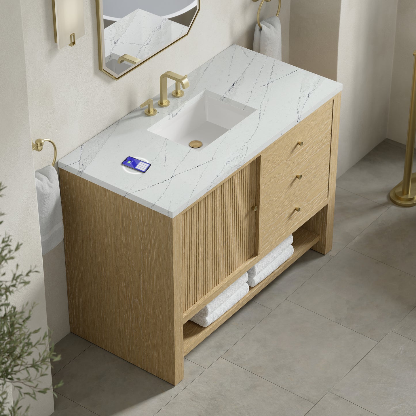Renovate for Less Atlanta Marigot 48" Single Vanity, Sunwashed Oak w/ 3 CM Ethereal Noctis Silestone Top w/ FreePower Wireless Charger