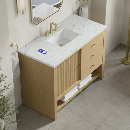 Renovate for Less Atlanta Marigot 48" Single Vanity, Sunwashed Oak w/ 3 CM Ethereal Noctis Silestone Top w/ FreePower Wireless Charger