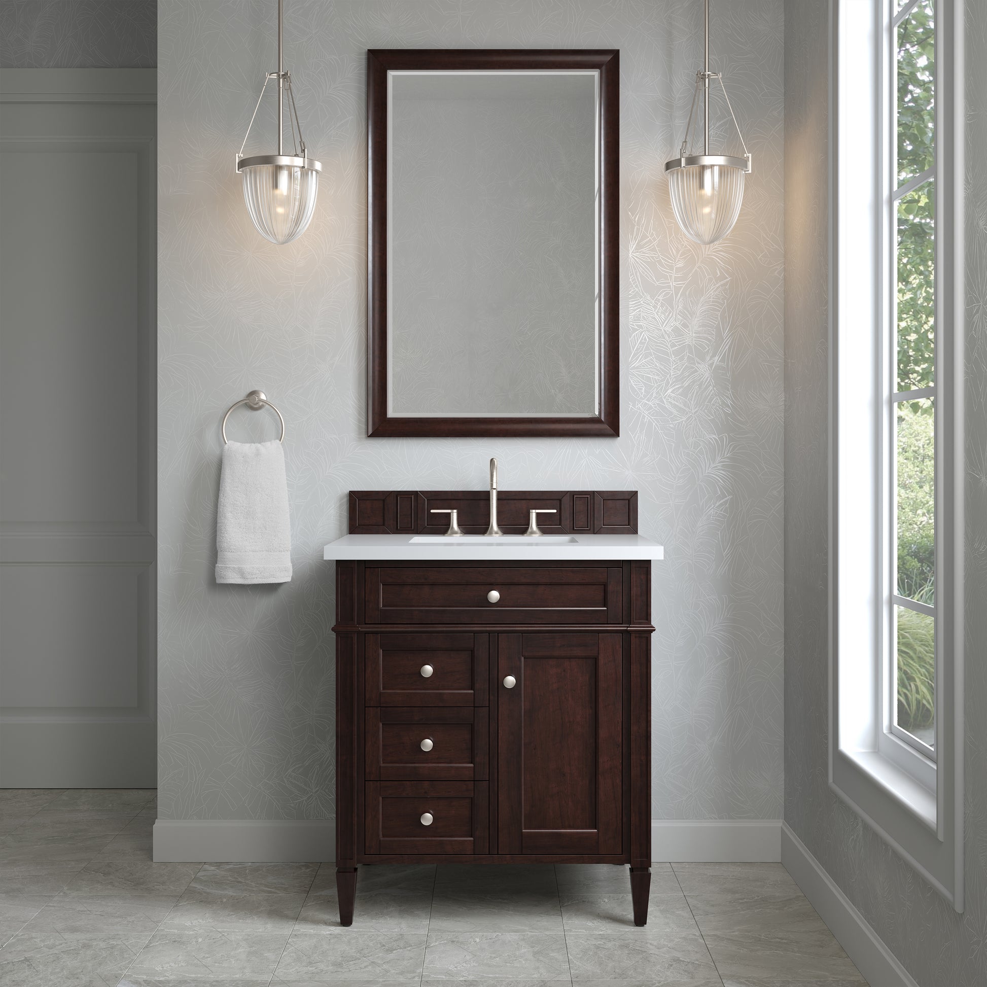 Renovate for Less Atlanta Brittany 30" Single Vanity, Burnished Mahogany, w/ 3 CM White Zeus Silestone Top
