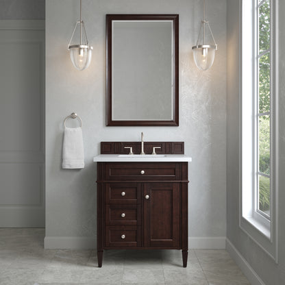 Renovate for Less Atlanta Brittany 30" Single Vanity, Burnished Mahogany, w/ 3 CM White Zeus Silestone Top