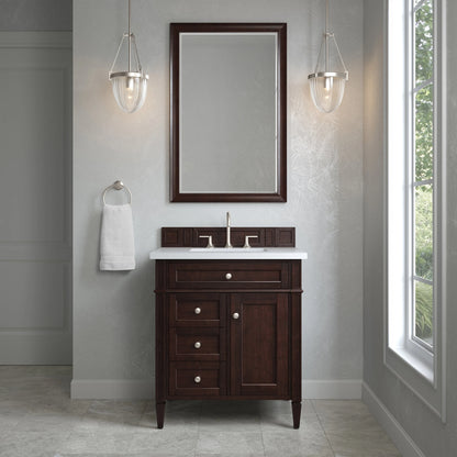 Brittany 30" Single Vanity, Burnished Mahogany, w/ 3 CM White Zeus Silestone Top