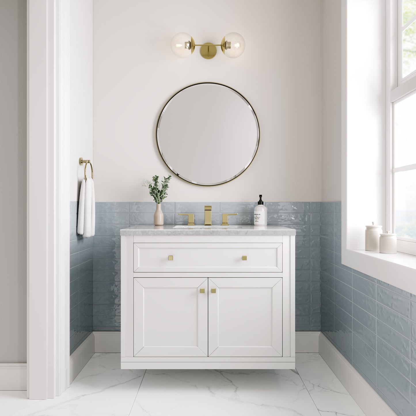 Renovate for Less Atlanta Chicago 36" Single Vanity, Glossy White, w/ 3 CM Carrara Marble Top