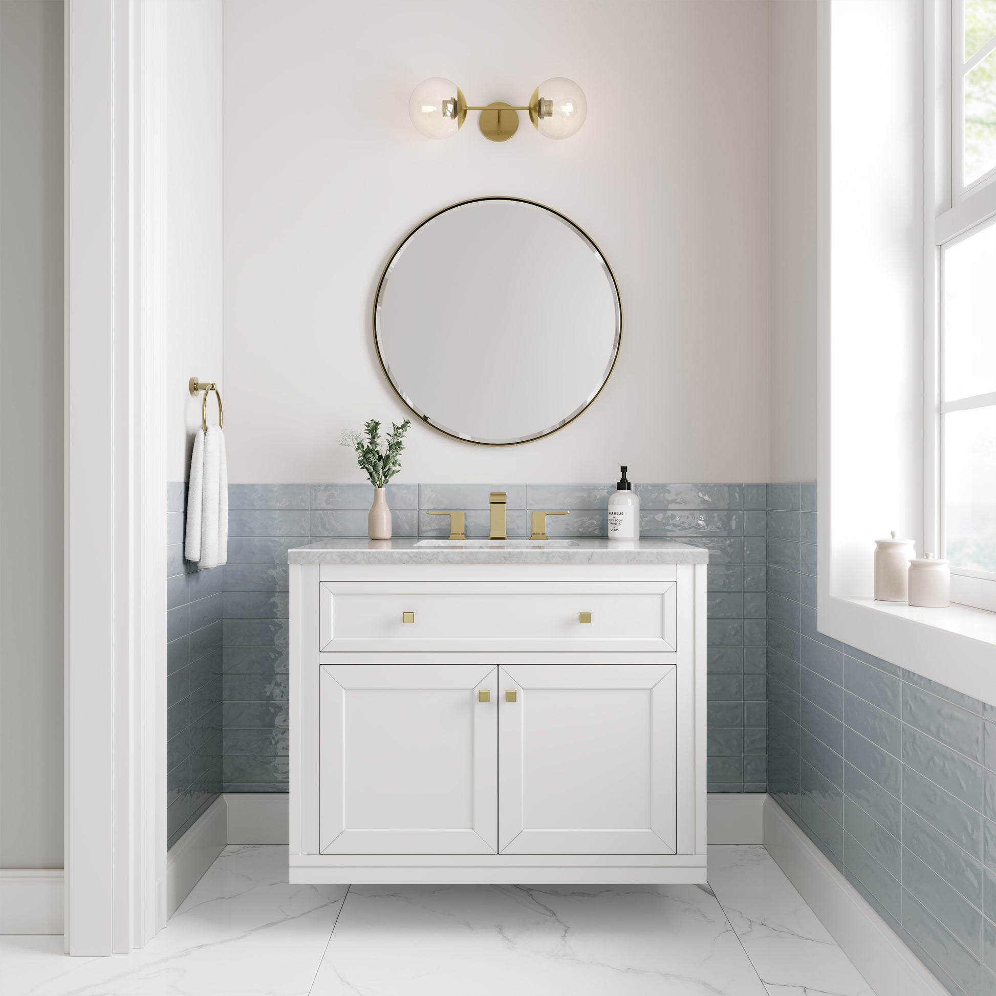 Renovate for Less Atlanta Chicago 36" Single Vanity, Glossy White, w/ 3 CM Carrara Marble Top