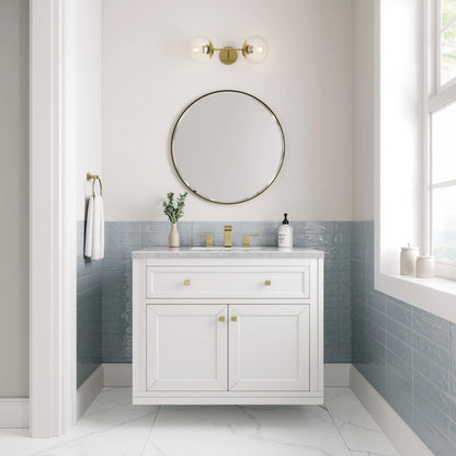 Chicago 36" Single Vanity, Glossy White, w/ 3 CM Carrara Marble Top