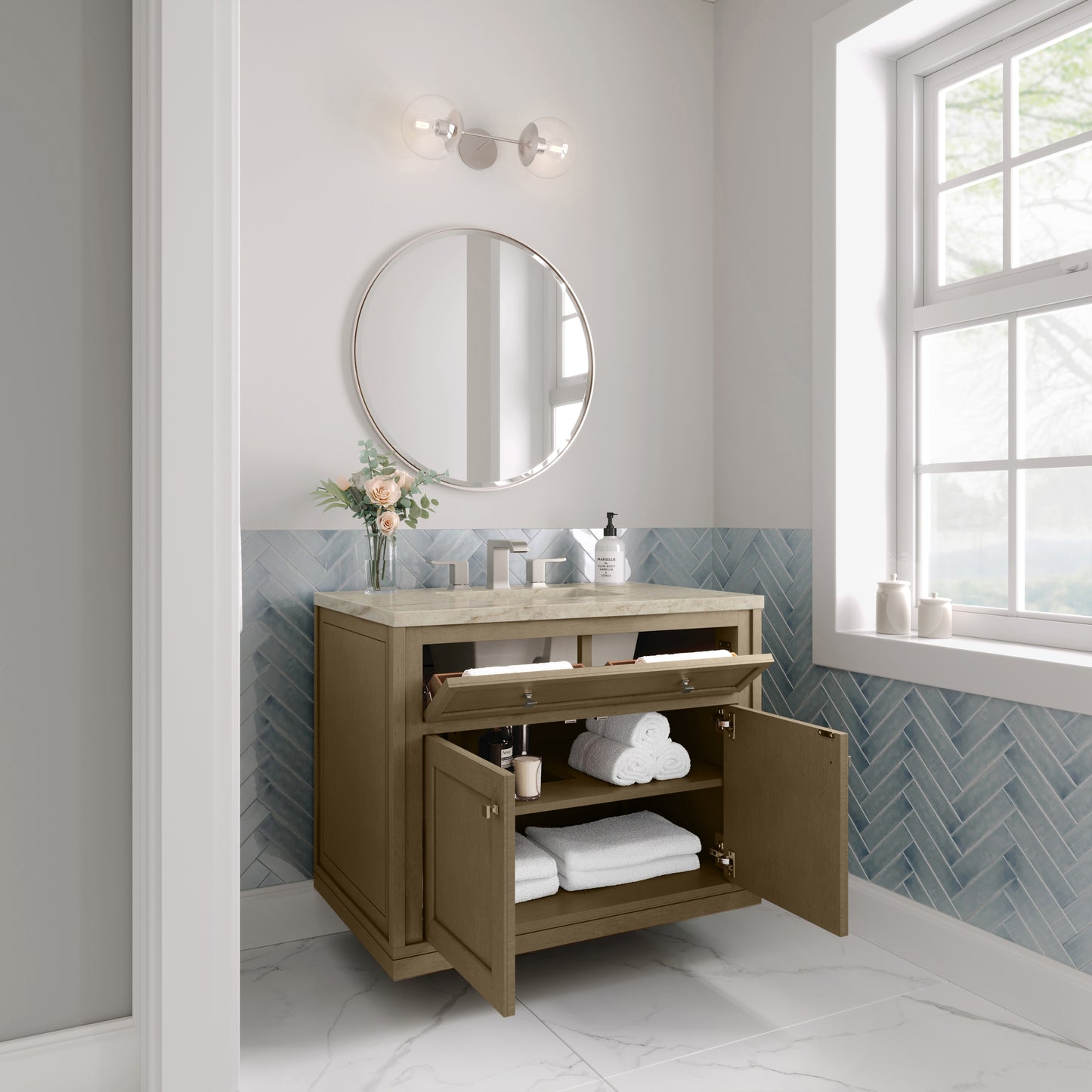 Renovate for Less Atlanta Chicago 36" Single Vanity, Walnut Whisper, w/ 3 CM Tajnar Eclos Top